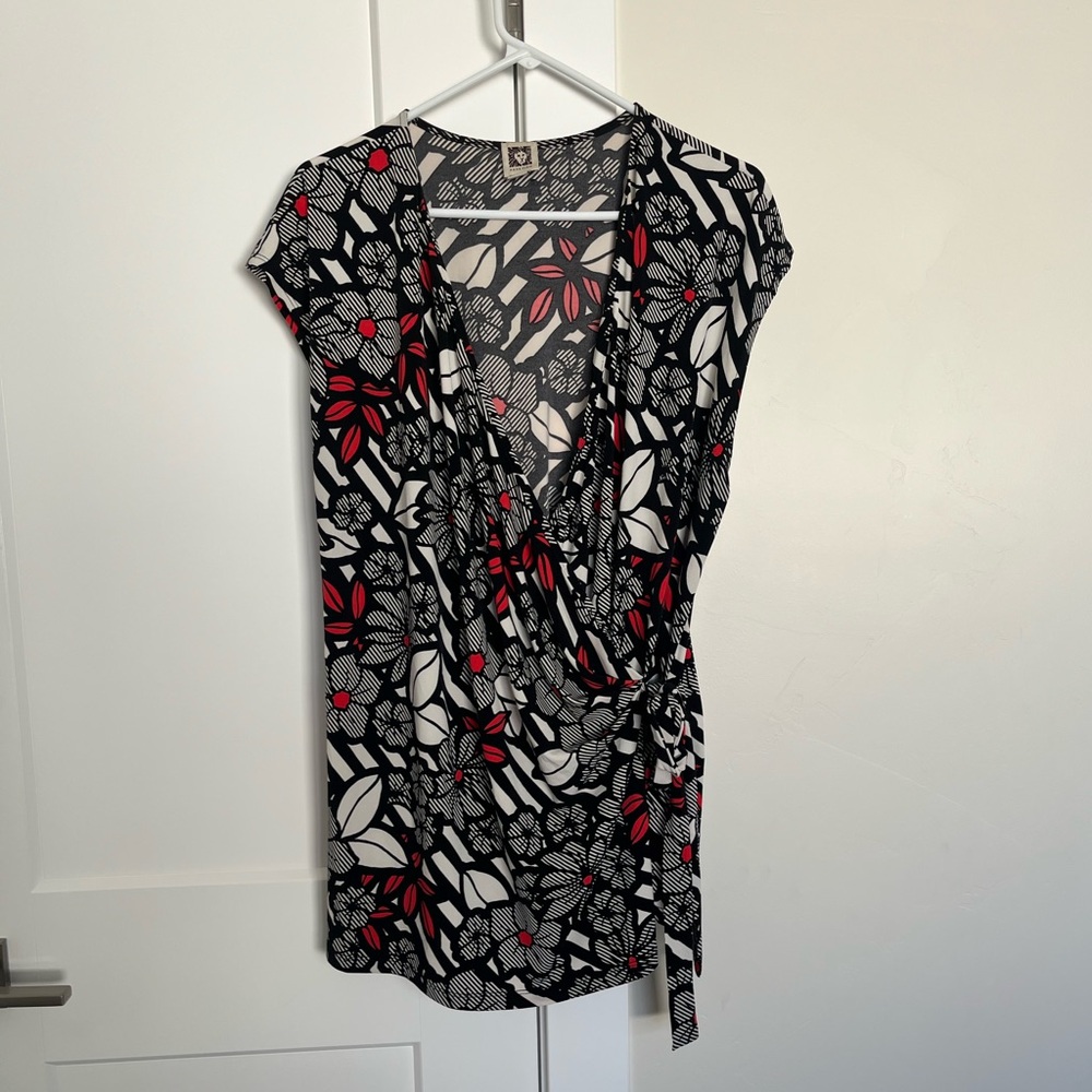 Anne Klein Red and Black Floral Wrap Around Blouse
